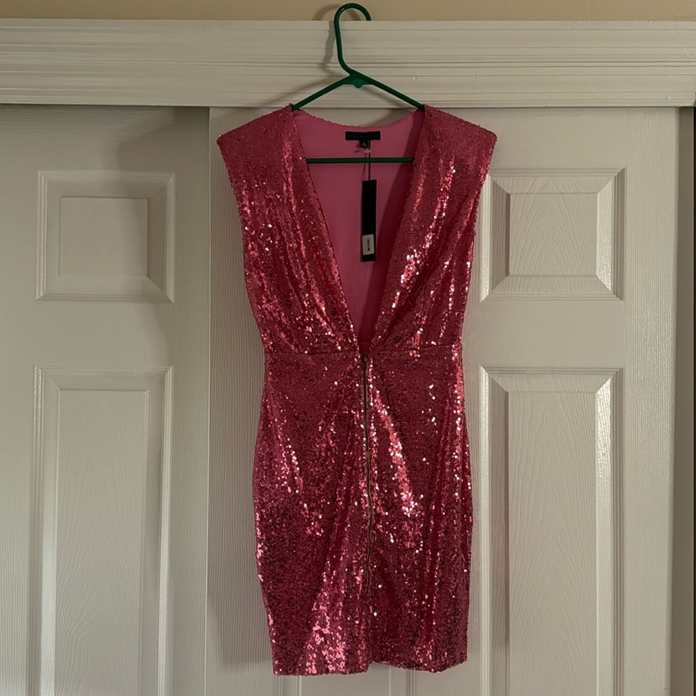 pink sequin backless mini dress.